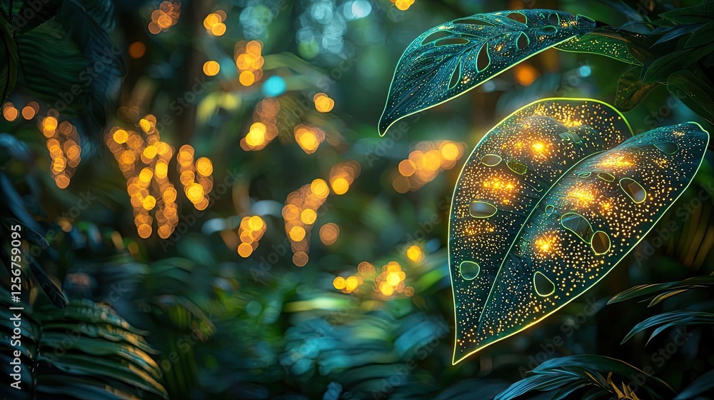 Poster glow forest concept. a close-up view of luminous leaves in a vibrant, enchanted forest setting.