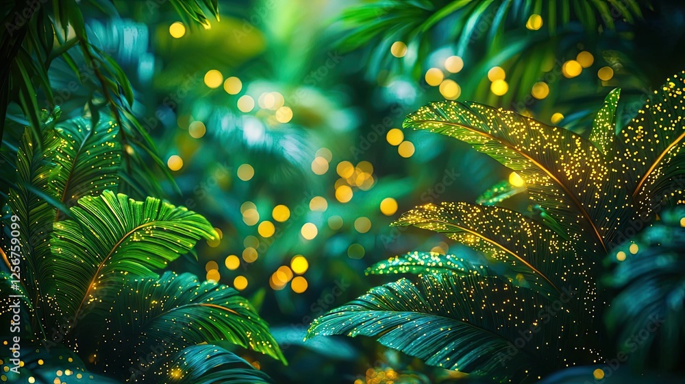 Poster glow forest concept. lush green leaves illuminated by shimmering lights create a magical atmosphere.