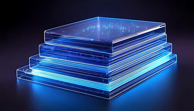 Illuminated translucent blue stacked layers represent computing infrastructure, artificial intelligence and network communication.