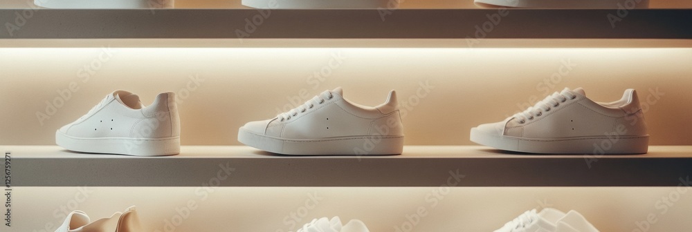 Leinwandbilder Stylish minimalist shoe shelf displaying white sneakers in a contemporary setting with space for personalization. Generative AI