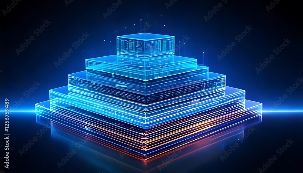 Poster layered neon boxes form digital pyramid, reflecting innovation, hierarchical data structure, connect