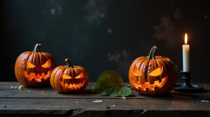 Spooky illuminated jack-o'-lanterns of varying sizes rest on a rustic wooden surface, accompanied by a burning candle in a dark setting.
