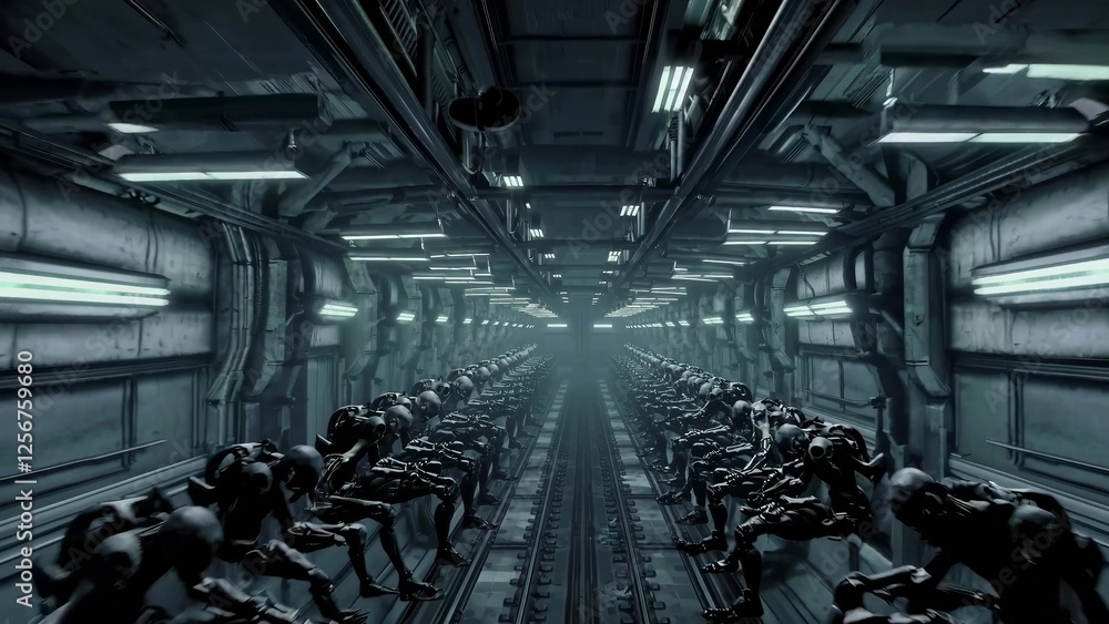 Poster long rows of deactivated robots are lined up inside a mysterious, dimly lit spaceship hangar, evokin