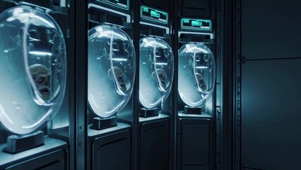 Obraz premium Several heads are being preserved in individual futuristic cryogenic chambers, showcasing advanced technology and a potential glimpse into the future of human preservation