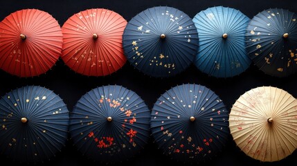 A vibrant array of traditional umbrellas arranged in a colorful pattern against a dark background