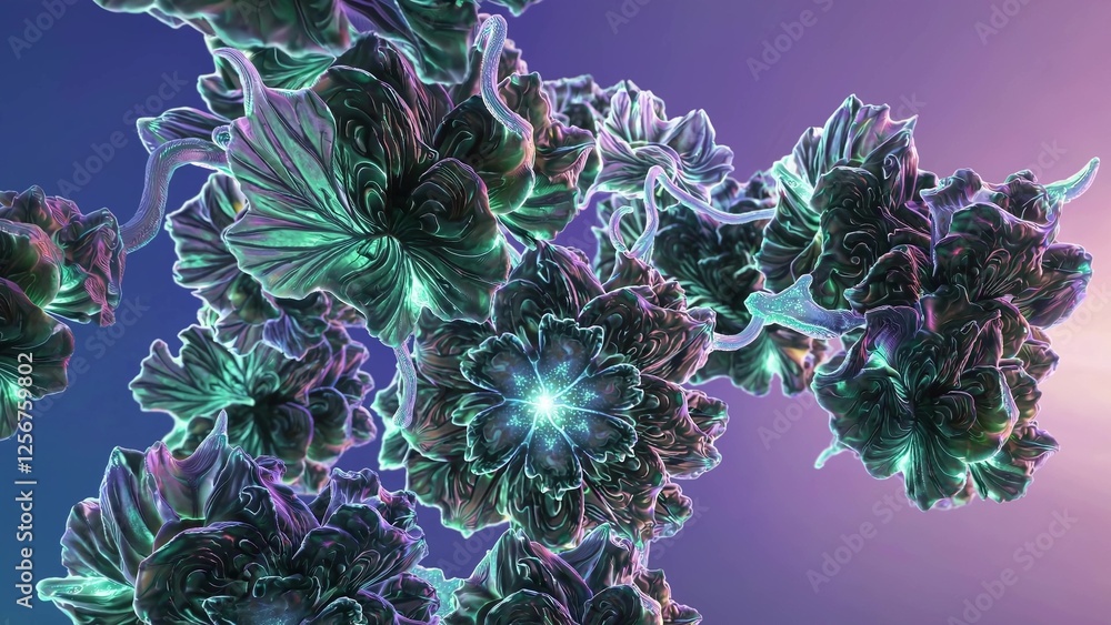 Poster luminous fractal flowers with intricate patterns are blooming, creating a mesmerizing virtual garden