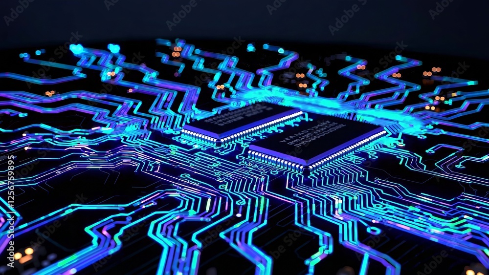 Poster complex electronic circuit board with glowing microchips and data pathways, symbolizing technologica