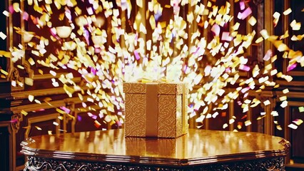 Golden gift box exploding with colorful confetti on a luxurious wooden table in a baroque style interior, creating a festive and celebratory atmosphere