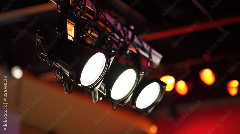 Poster stage lighting setup with multiple spotlights.