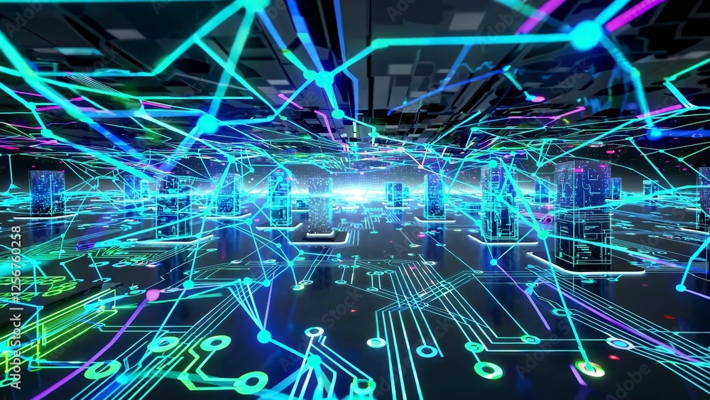 Poster complex network of interconnected servers exchanging data through glowing digital lines in a futuris