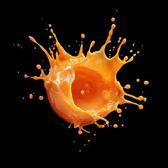 A vibrant splash of orange juice against a black background shows the texture and energy of the liquid