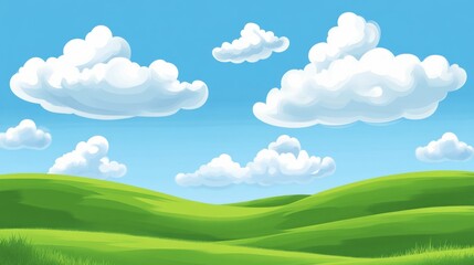 Fototapeta premium Bright, cartoonish landscape with hills and clouds.