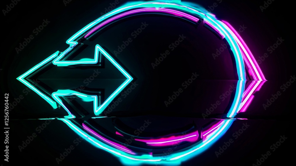 Poster Vibrant neon light arrow pointing left within a circular frame, reflecting on a dark background, creating a striking visual for conveying direction and movement