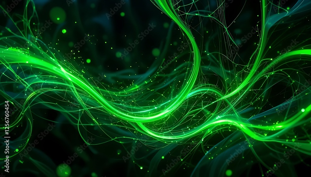 Poster abstract glowing green lines flowing with particles on a dark background