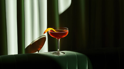 A sophisticated red cocktail in an elegant coupe glass, garnished with an orange twist, set against dramatic green velvet curtains with moody lighting and deep shadows