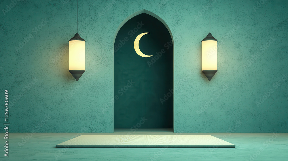 Poster elegant ramadan banner design featuring crescent moon and lanterns in a serene setting