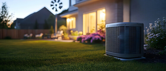 Evening HVAC unit, backyard, home
