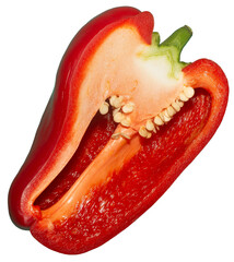 Fresh red bell pepper cut in half, showing its seeds and internal texture, isolated on a transparent background