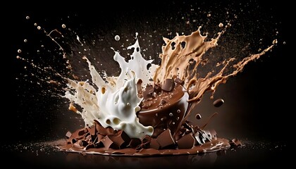 Splashing milk collides with chocolate, creating a dynamic, mouthwatering scene on a black background.