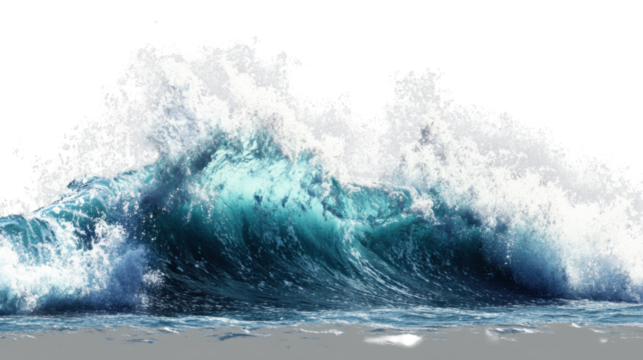 Big blue ocean wave breaking with foam and transparent background