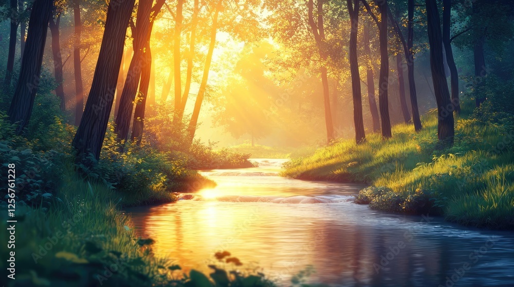 Aufkleber glow forest idea. a serene forest scene with sunlight streaming through trees beside a peaceful cree