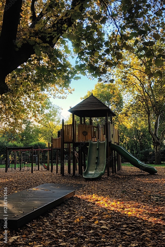 Aufkleber empty playground nestled under the trees on a sunlit autumn day