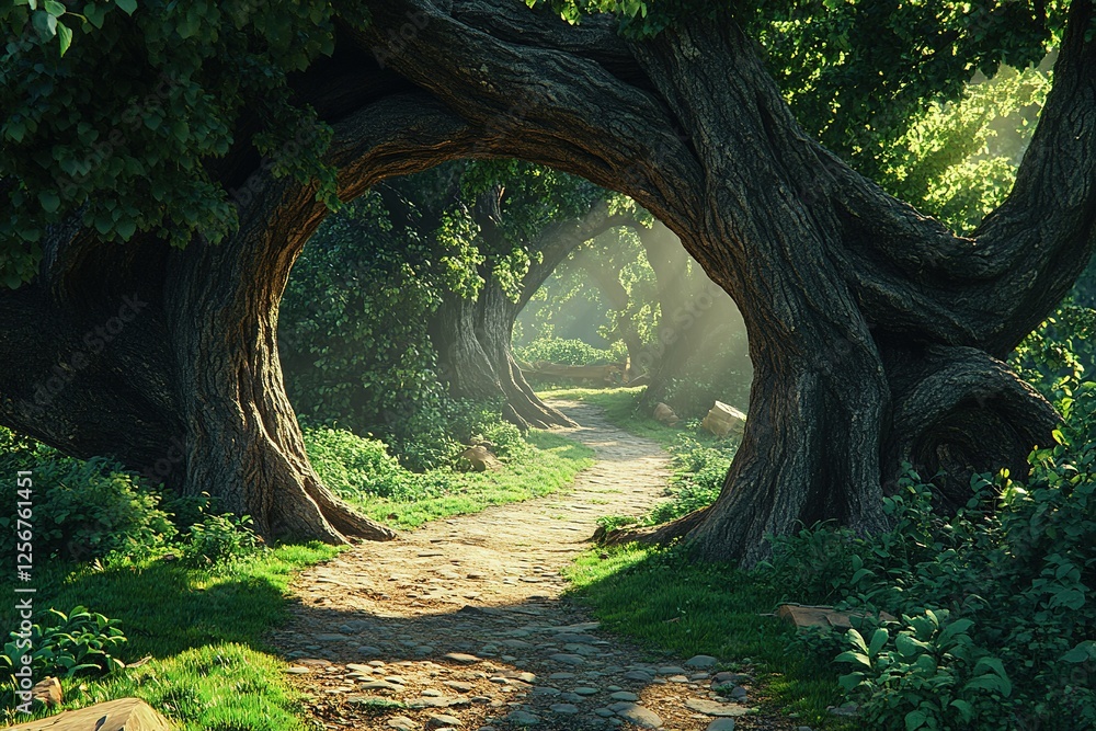 Poster sunlit path through ancient arching trees