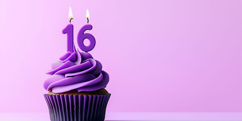 Birthday cupcake to celebrate birthday anniversary, with candles in the shape of the number 16, with purple frosting