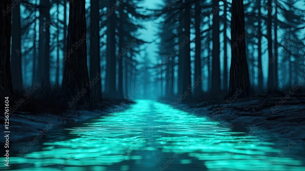 Aufkleber glow forest idea. a mystical forest with a glowing river, creating an enchanting atmosphere.