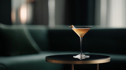 A sleek martini glass filled with a creamy cocktail sits on a glossy black table in an upscale lounge with deep green velvet seating and soft ambient lighting