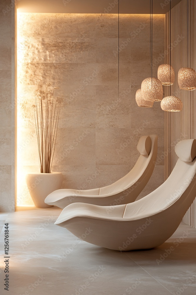 Aufkleber Two empty modern relaxing chairs standing in a spa room with a warm and inviting atmosphere