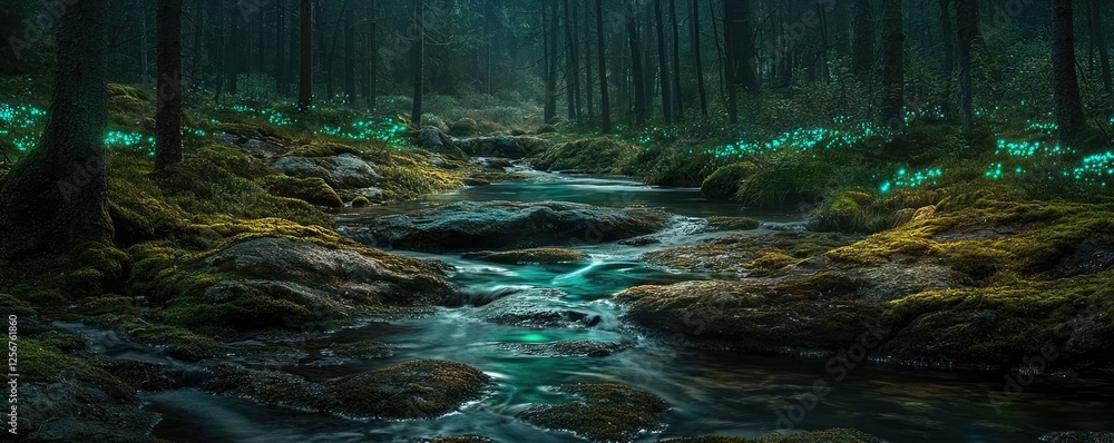 Poster glow forest concept. serene forest landscape with a winding stream and bioluminescent plants at twil