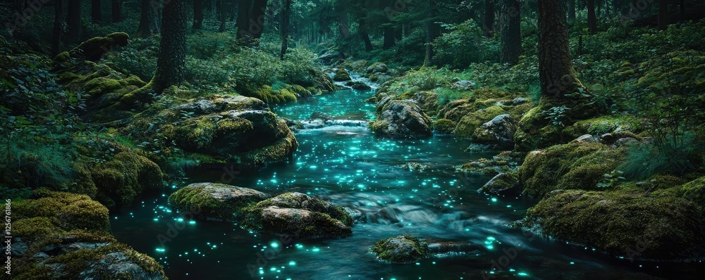 Poster Glow forest concept. A serene forest stream illuminated by glowing elements, surrounded by lush greenery.
