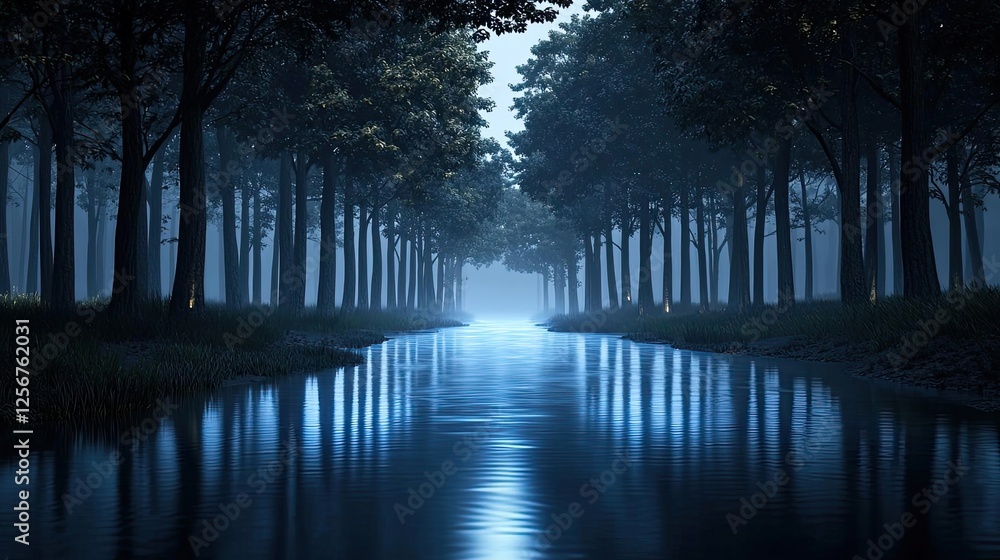 Aufkleber glow forest idea. mysterious forest at night with a serene river reflecting moonlight.