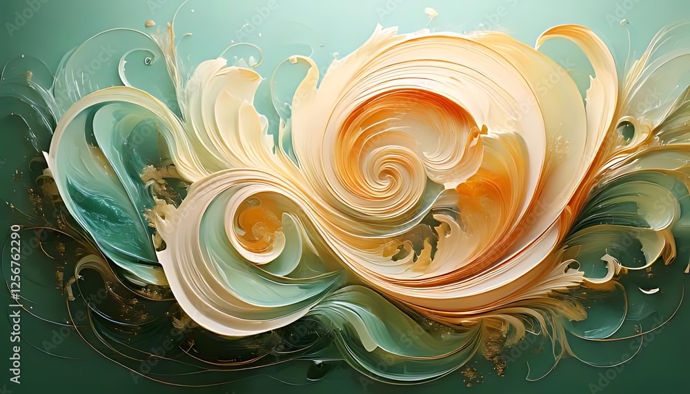 Poster turquoise and gold ribbons swirl with white in abstract patterns on dark green canvas.