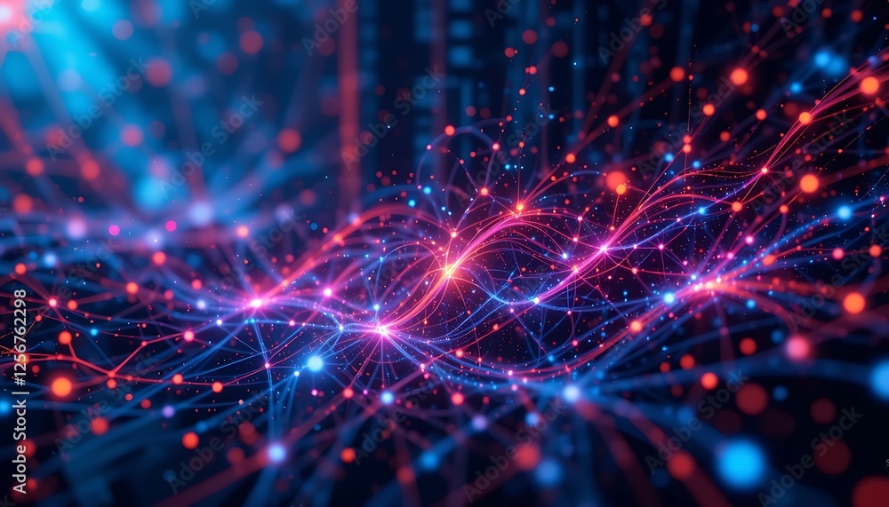 Poster abstract network connection with glowing nodes and vibrant data flow