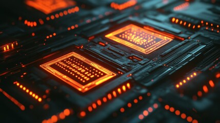 Fototapeta premium Close-up of Glowing Quantum Chip with Binary Hologr