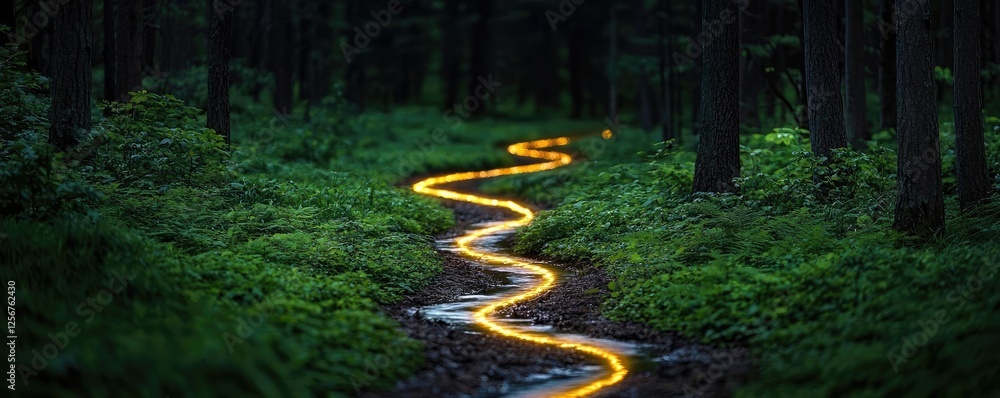 Aufkleber glow forest concept. a winding river illuminated by soft light in a lush green forest at twilight.
