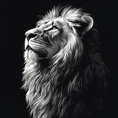 Naklejka premium Powerful lion portrait, looking upward, on black background, for use in art or design