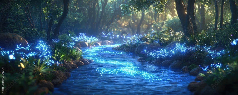Aufkleber glow forest concept. a serene forest scene with glowing plants and a crystal-clear stream.
