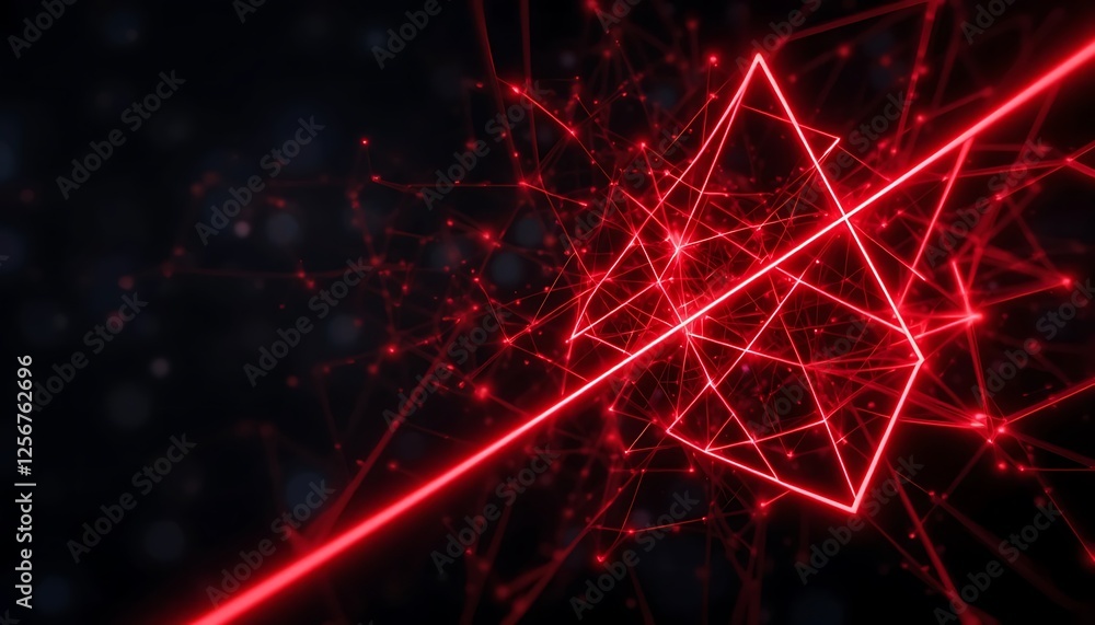 Poster abstract red network lines connecting dots with geometric shapes on dark background