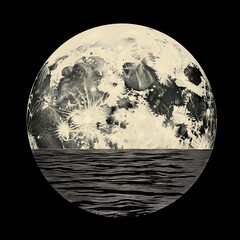 Full moon over the ocean. Graphic design. Possible use Book cover, poster, desktop wallpaper