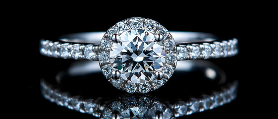 Diamond ring, halo setting, black background, jewelry