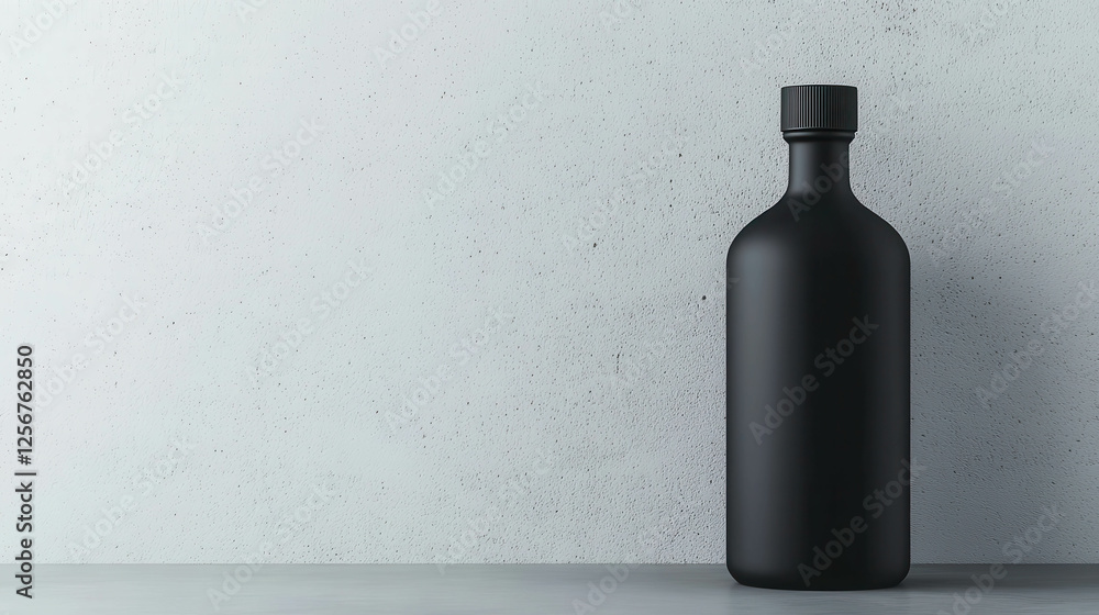 Poster minimalist black bottle on simple gray background with soft light and clean lines