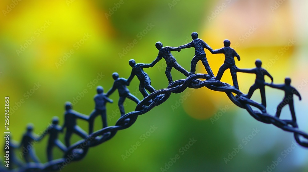 Poster Line of tiny figures linking arms and traversing a chasm