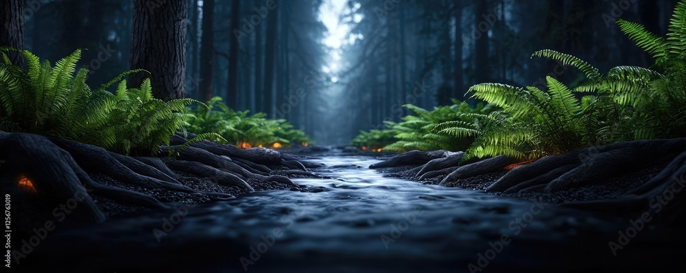 Poster Glow forest concept. A serene forest stream surrounded by lush green ferns and tall trees under a soft light.