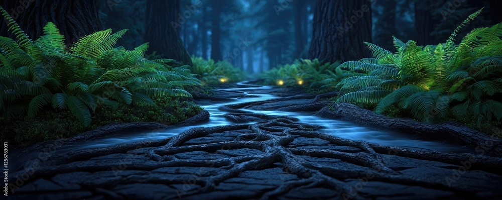 Aufkleber glow forest concept. mystical forest scene with glowing roots and lush ferns under a serene night sk