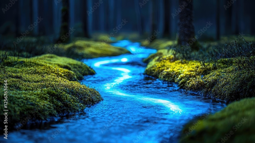 Aufkleber glow forest concept. a serene, glowing stream winding through a lush forest at twilight.