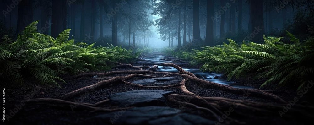 Poster glow forest concept. a tranquil forest scene with mist, ferns, and winding paths through lush greene