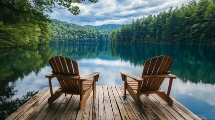 Two empty chairs are perfectly positioned on a dock to enjoy a peaceful view
